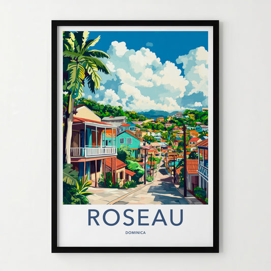 Roseau Poster - Dominica Art Print - Colorful Hillside Home Decor