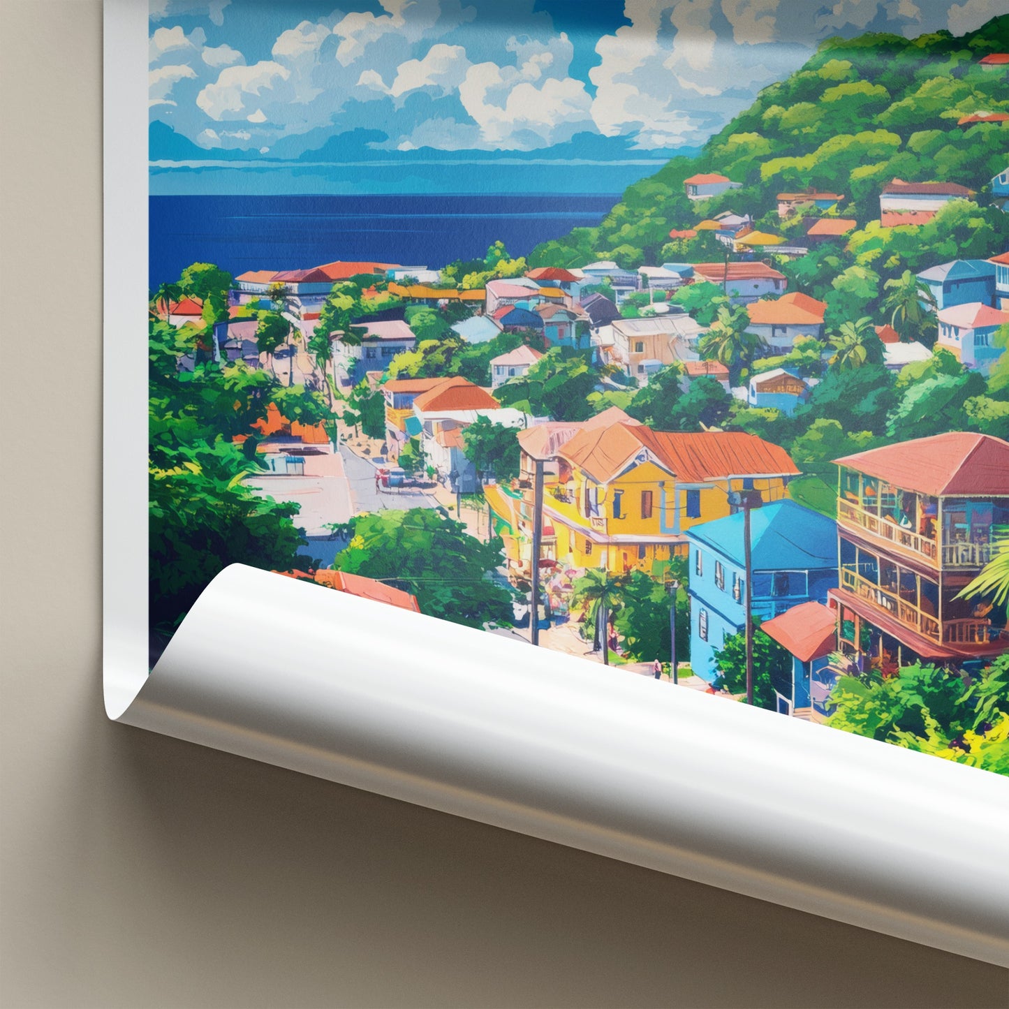 Roseau Poster - Dominica Travel Art - Colorful Town Hillside Home Decor