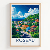 Roseau Poster - Dominica Travel Art - Colorful Town Hillside Home Decor