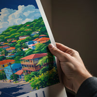 Roseau Poster - Dominica Travel Art - Colorful Town Hillside Home Decor