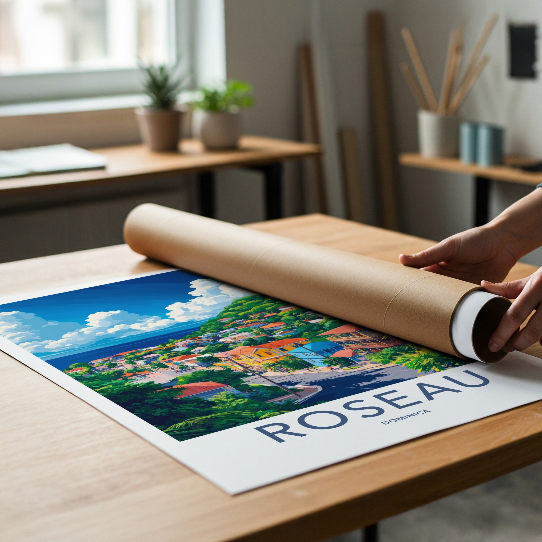 Roseau Poster - Dominica Travel Art - Colorful Town Hillside Home Decor
