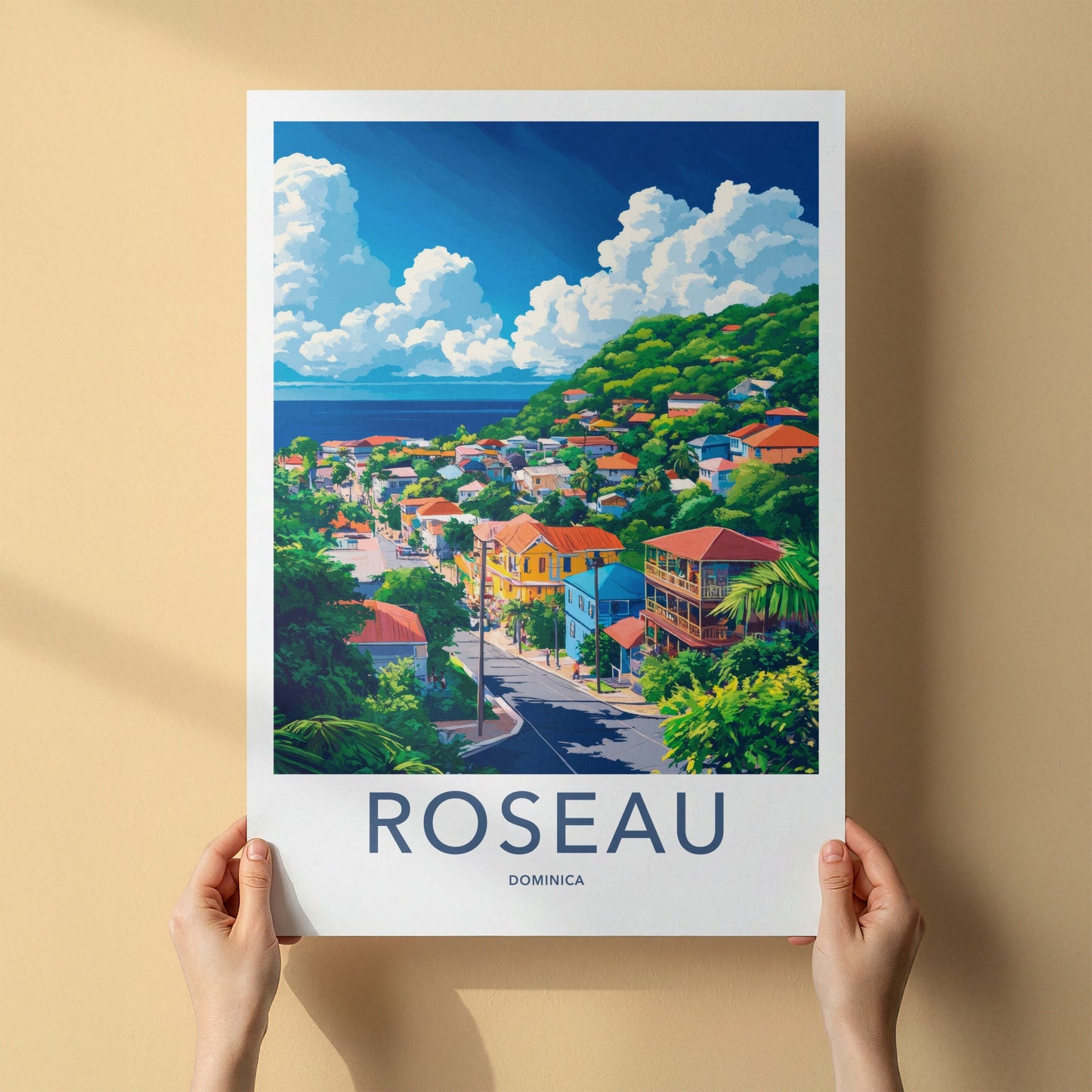 Roseau Poster - Dominica Travel Art - Colorful Town Hillside Home Decor