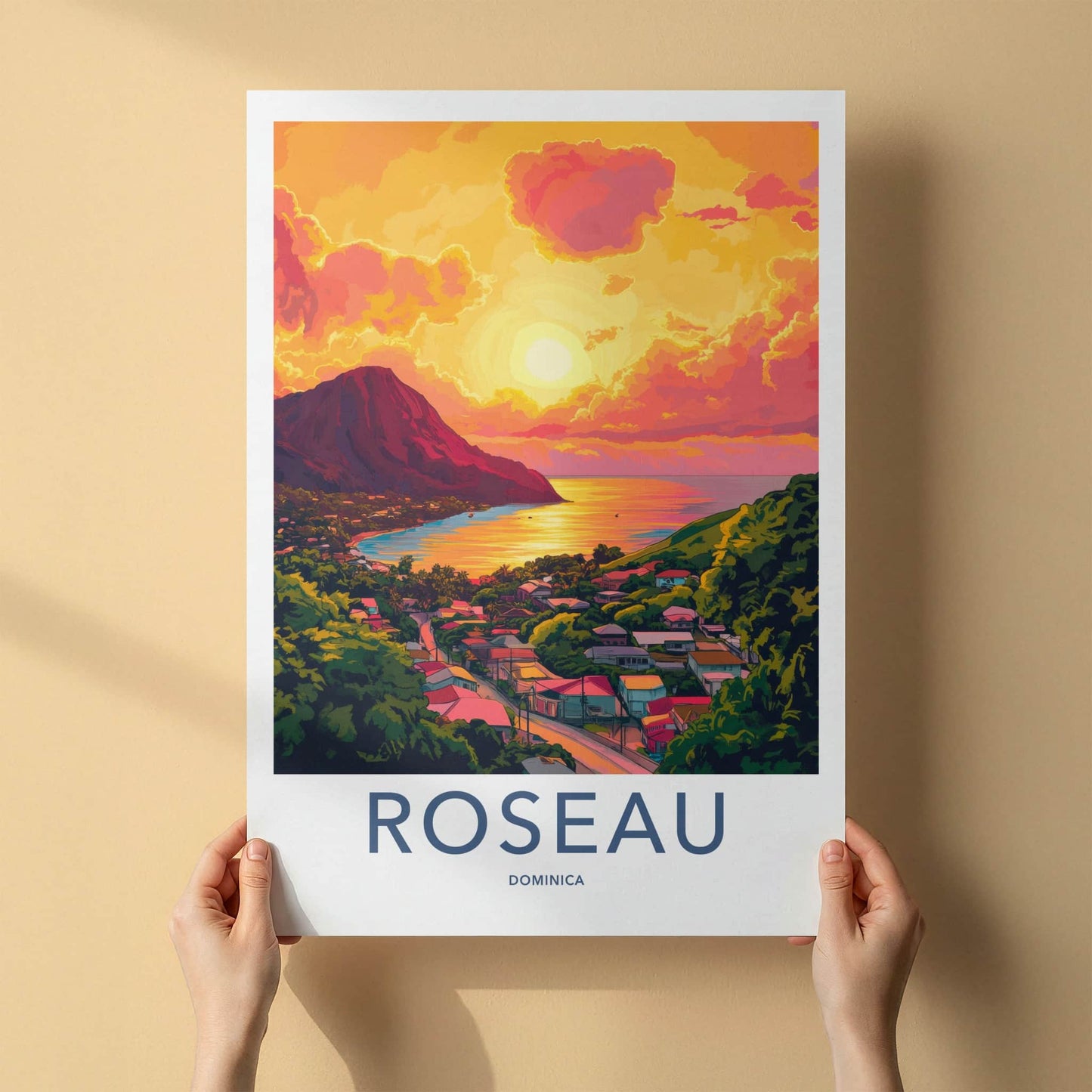 ROSEAU Poster - Dominica Travel Art - Island bay sunset Home Decor