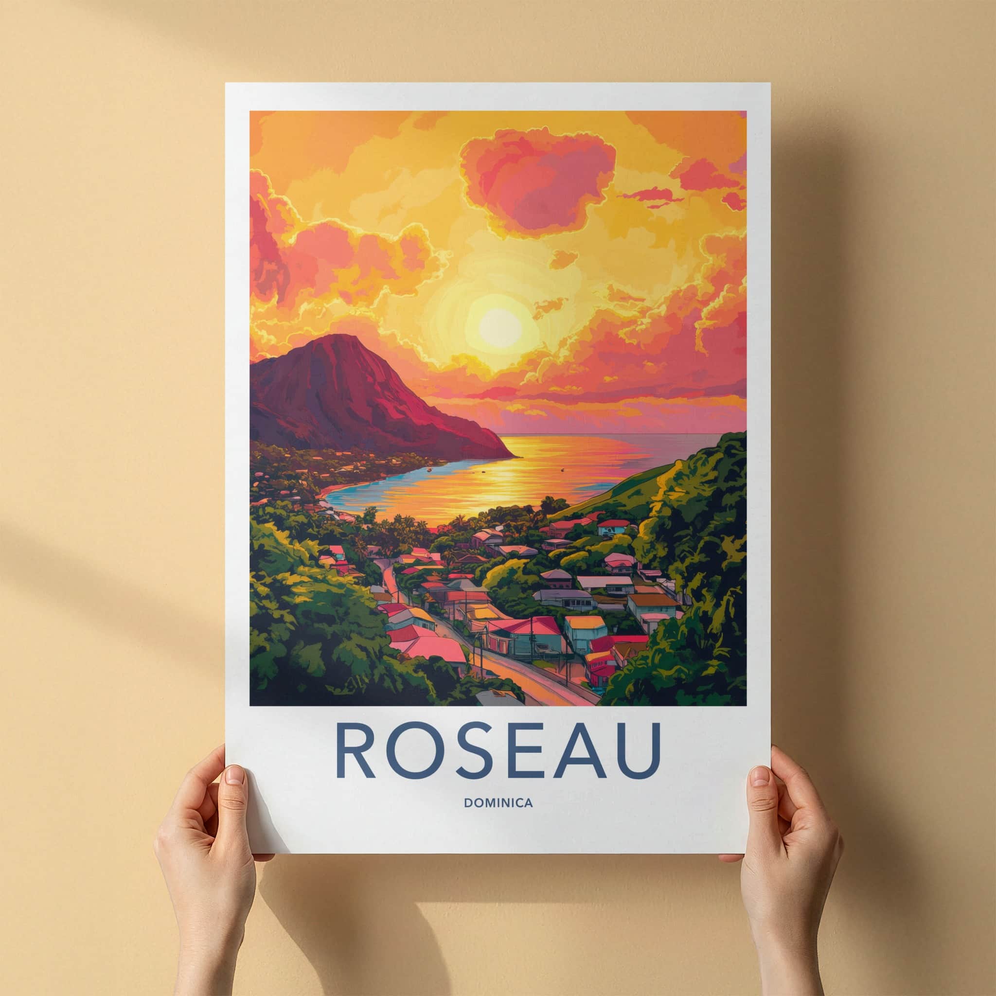 ROSEAU Poster - Dominica Travel Art - Island bay sunset Home Decor