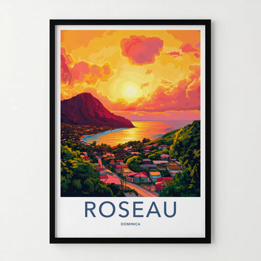ROSEAU Poster - Dominica Travel Art - Island bay sunset Home Decor