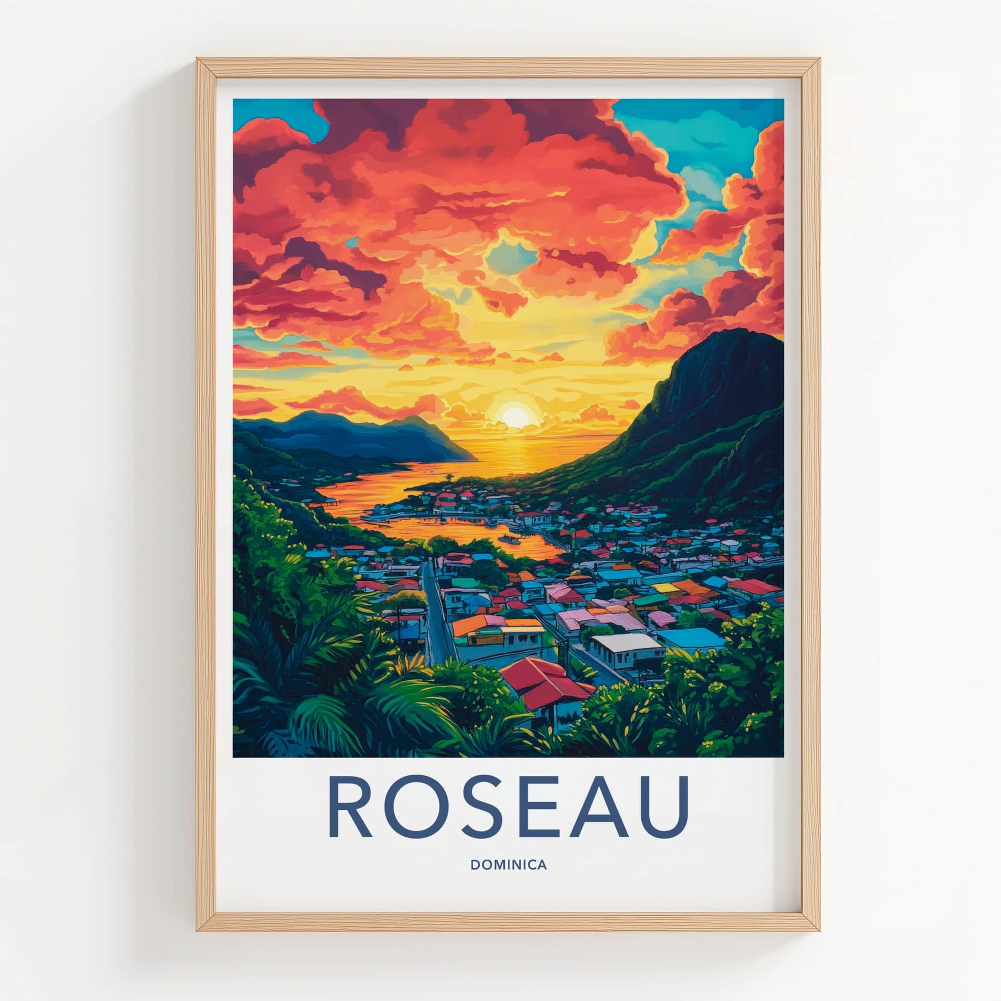 Roseau Poster - Dominica Travel Art - Vibrant Town Sunset Wall Decor