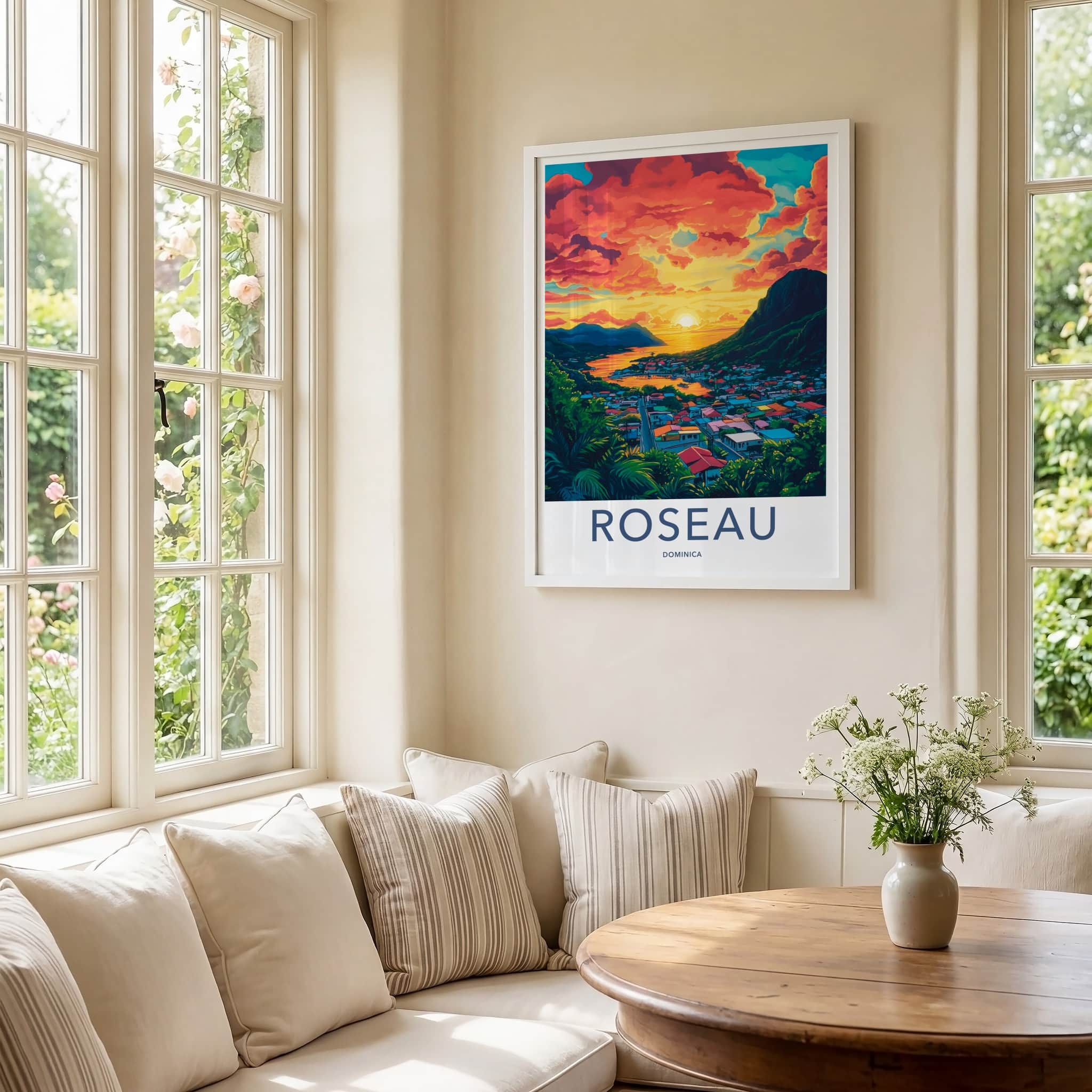 Roseau Poster - Dominica Travel Art - Vibrant Town Sunset Wall Decor
