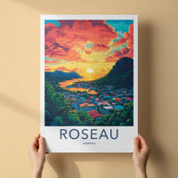 Roseau Poster - Dominica Travel Art - Vibrant Town Sunset Wall Decor