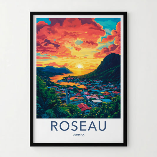 Roseau Poster - Dominica Travel Art - Vibrant Town Sunset Wall Decor