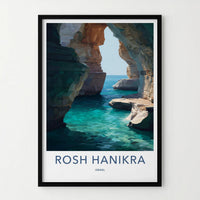 Rosh Hanikra Poster - Israel Travel Art - Sea Caves Turquoise Home Decor