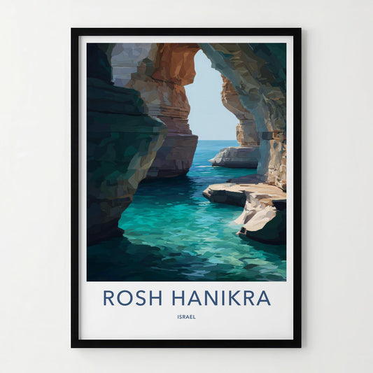 Rosh Hanikra Poster - Israel Travel Art - Sea Caves Turquoise Home Decor