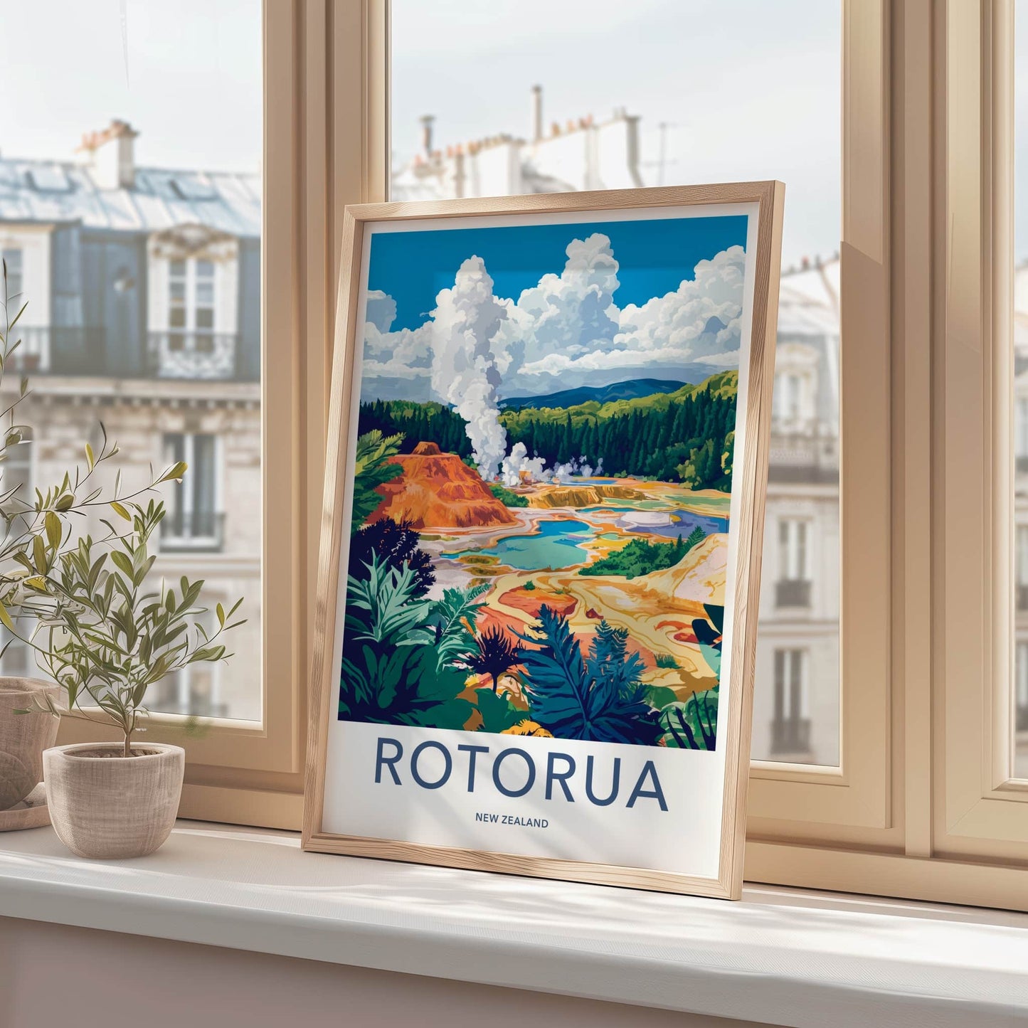 Rotorua Poster - New Zealand Travel Art - Geothermal Steam Pools Home Decor