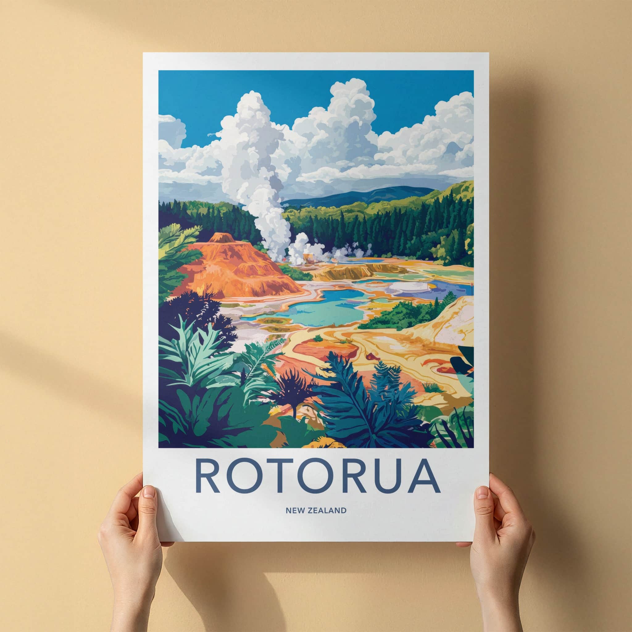 Rotorua Poster - New Zealand Travel Art - Geothermal Steam Pools Home Decor