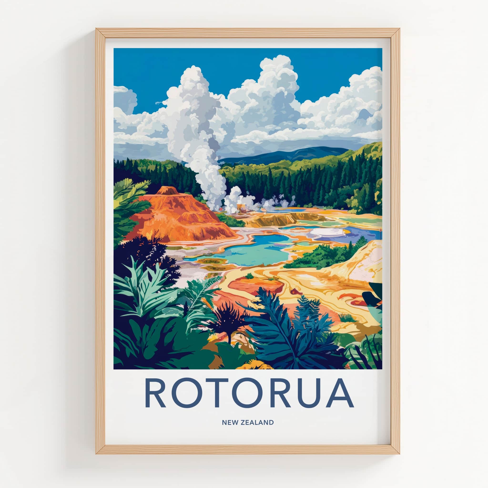 Rotorua Poster - New Zealand Travel Art - Geothermal Steam Pools Home Decor