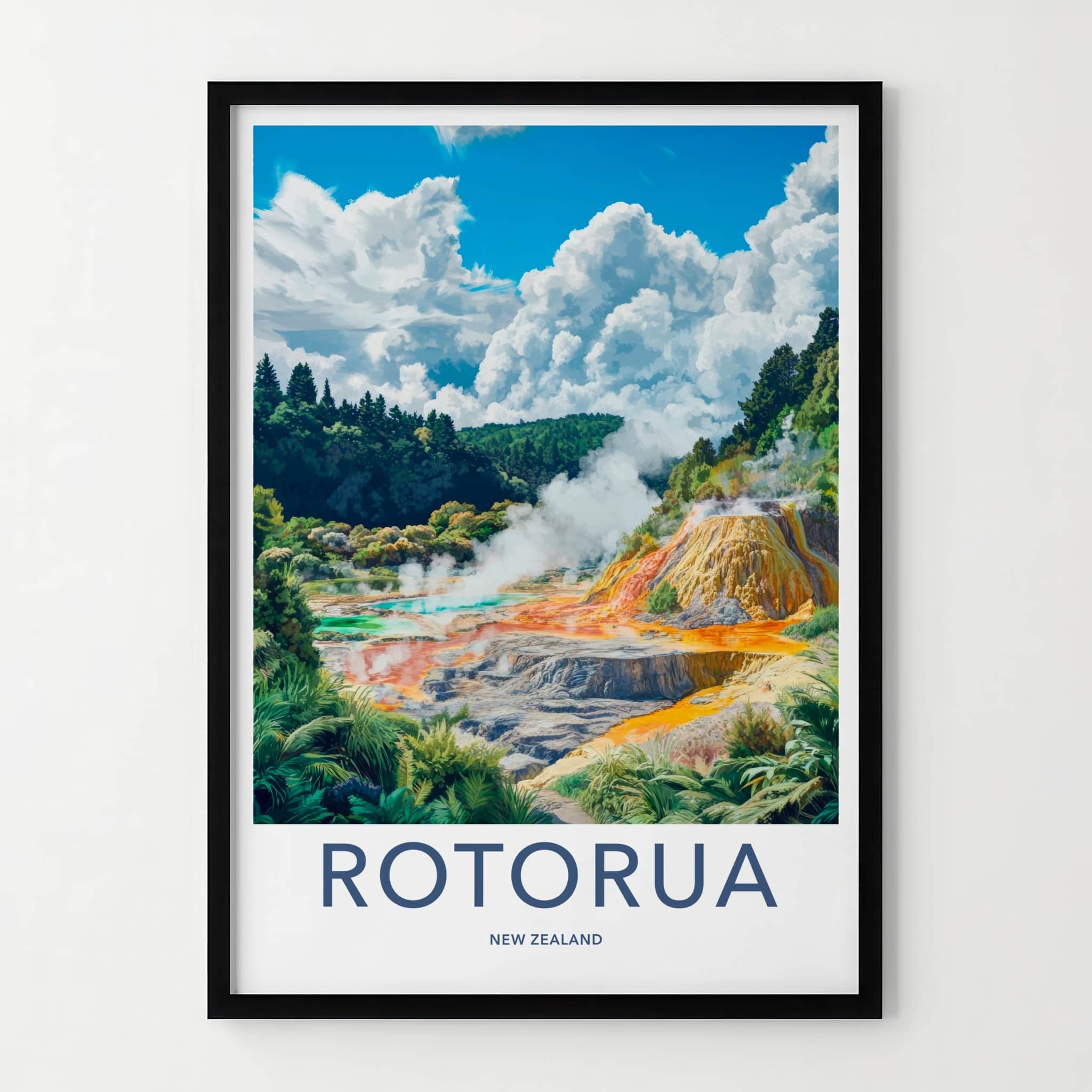 Rotorua Poster - New Zealand Travel Art - Vibrant Thermal Terraces Home Decor