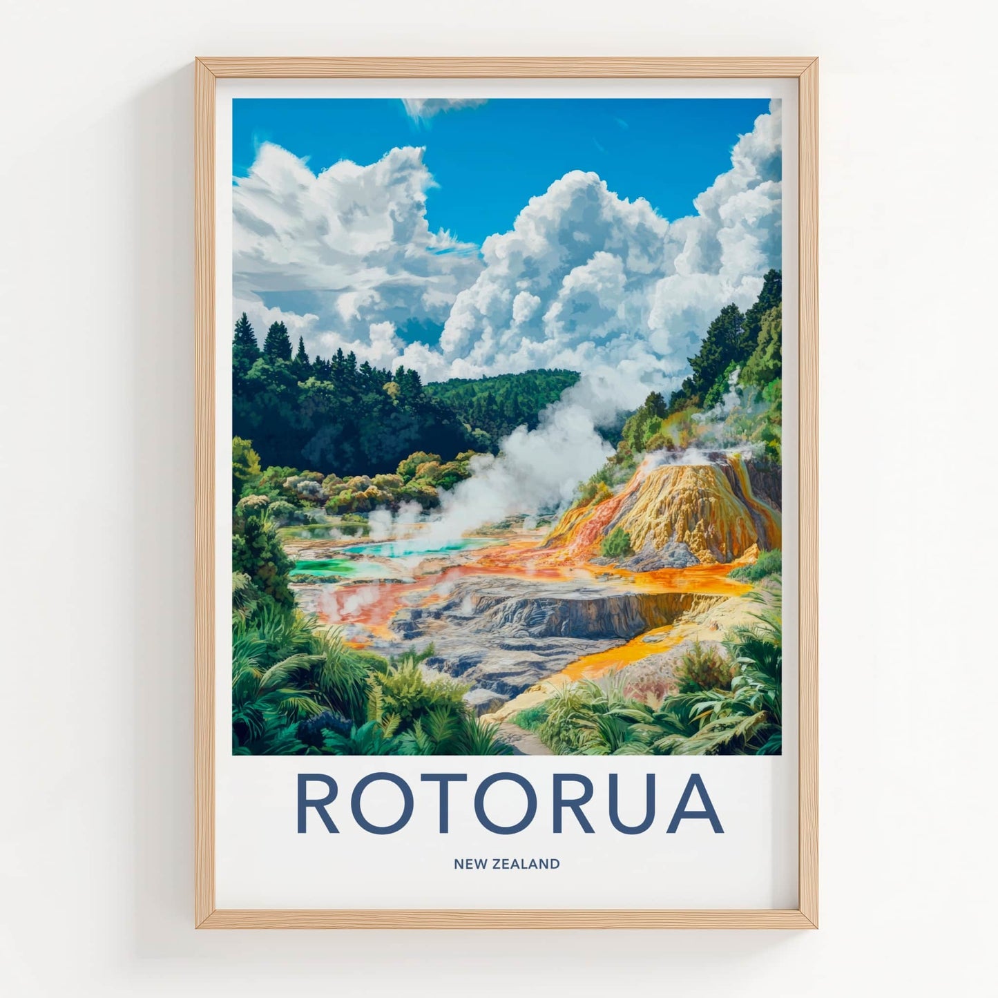 Rotorua Poster - New Zealand Travel Art - Vibrant Thermal Terraces Home Decor