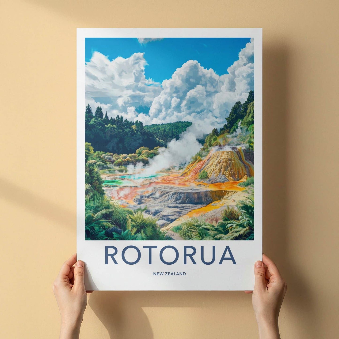 Rotorua Poster - New Zealand Travel Art - Vibrant Thermal Terraces Home Decor