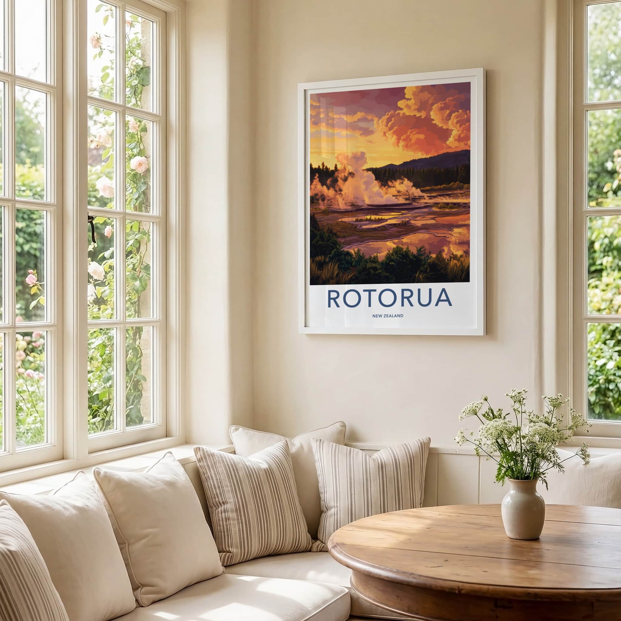 Rotorua Poster - New Zealand Wall Art - Steaming Geothermal Landscape Gift