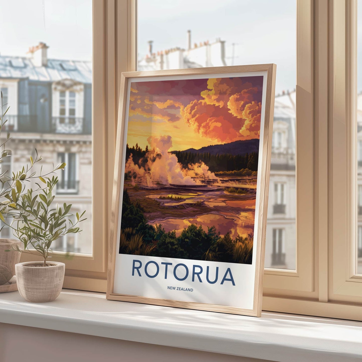 Rotorua Poster - New Zealand Wall Art - Steaming Geothermal Landscape Gift