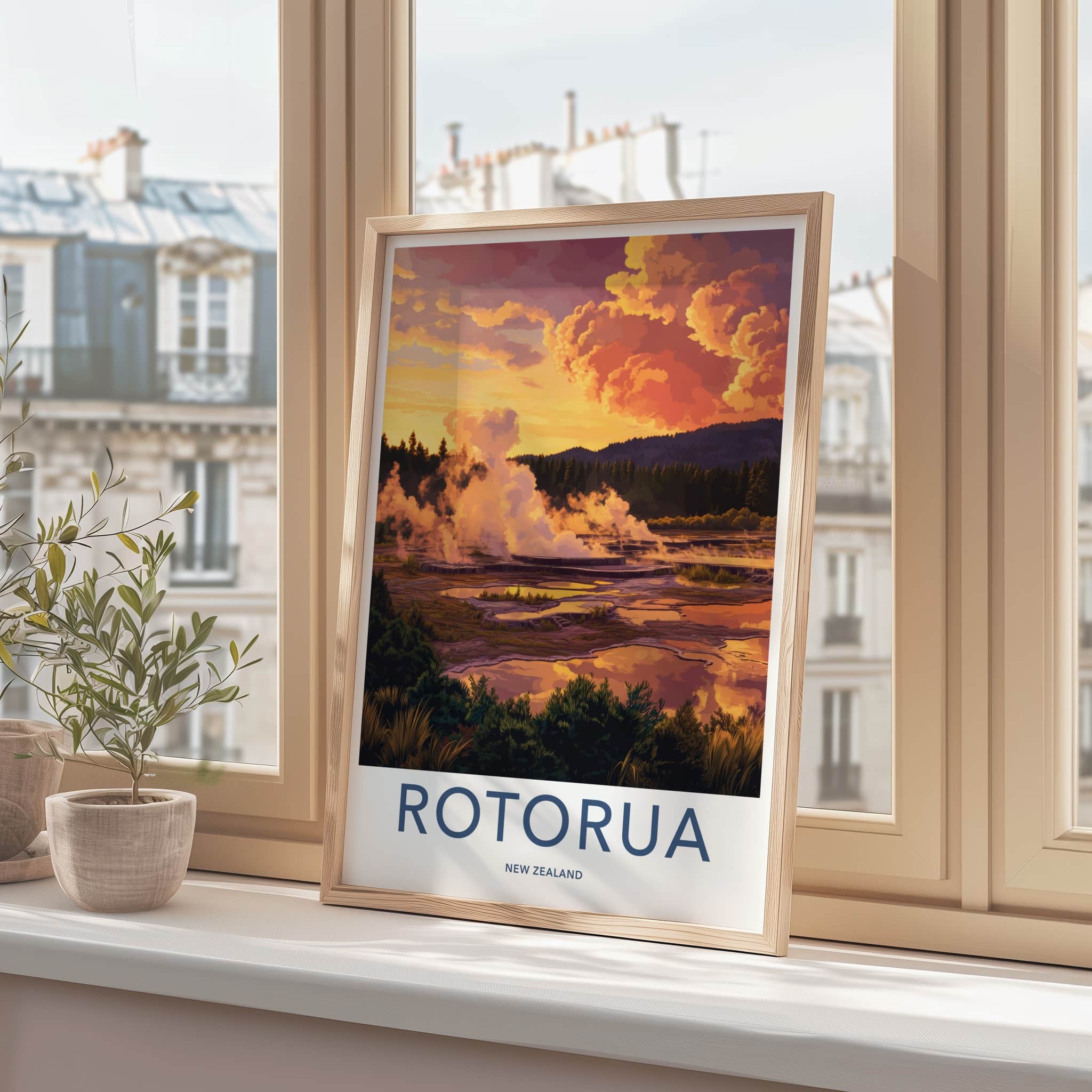 Rotorua Poster - New Zealand Wall Art - Steaming Geothermal Landscape Gift