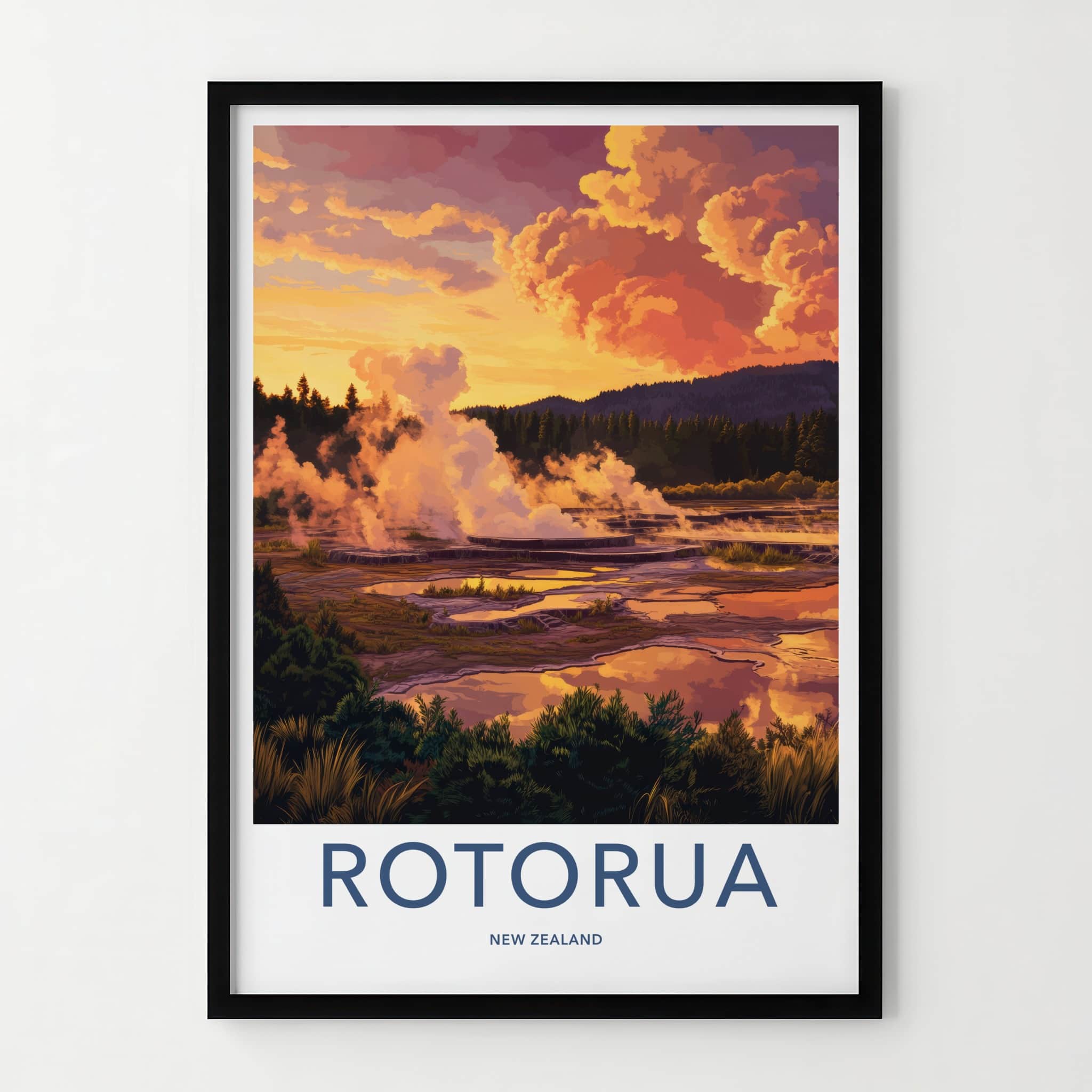 Rotorua Poster - New Zealand Wall Art - Steaming Geothermal Landscape Gift
