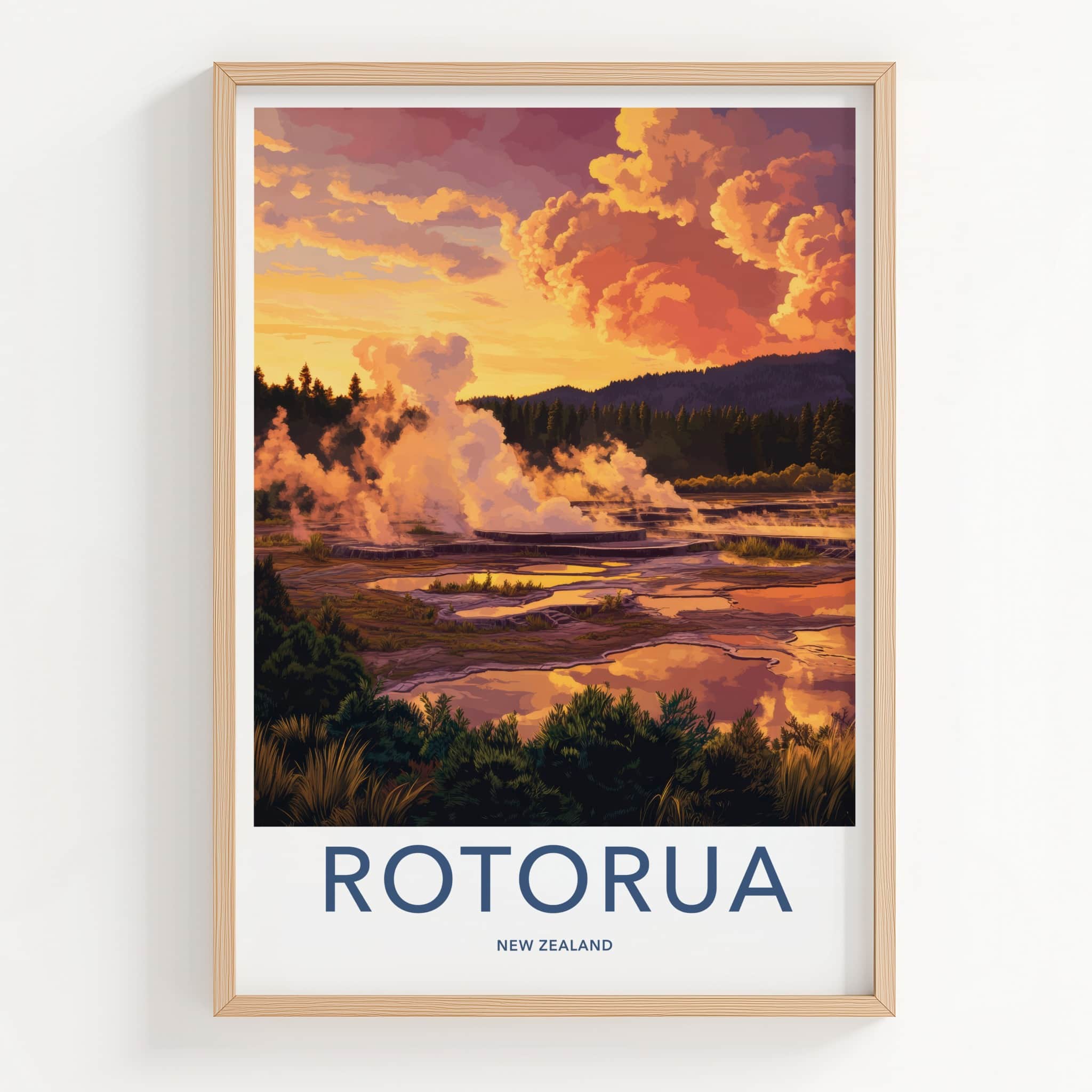 Rotorua Poster - New Zealand Wall Art - Steaming Geothermal Landscape Gift