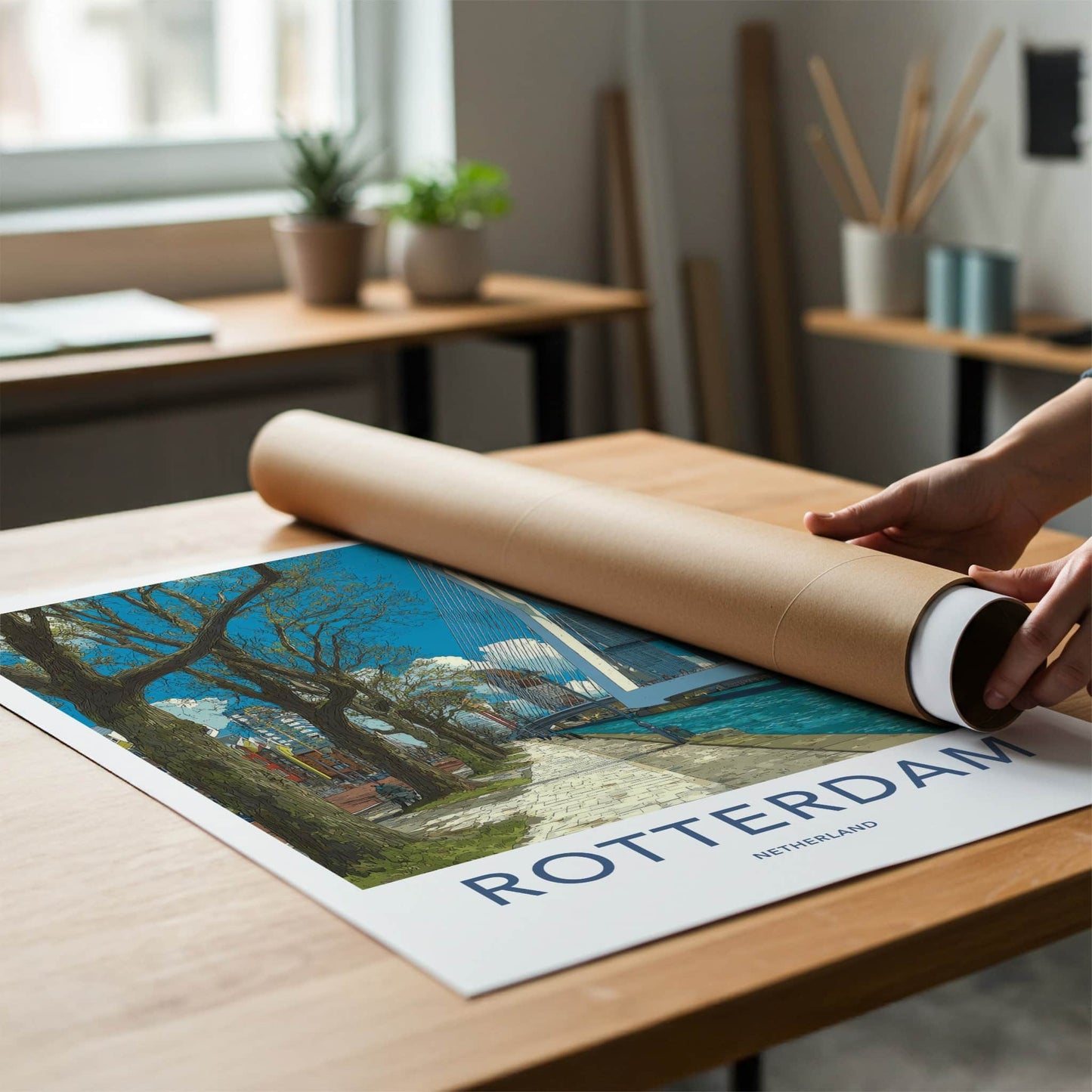 Rotterdam Poster - Netherlands Travel Art - Erasmus Bridge River Home Decor