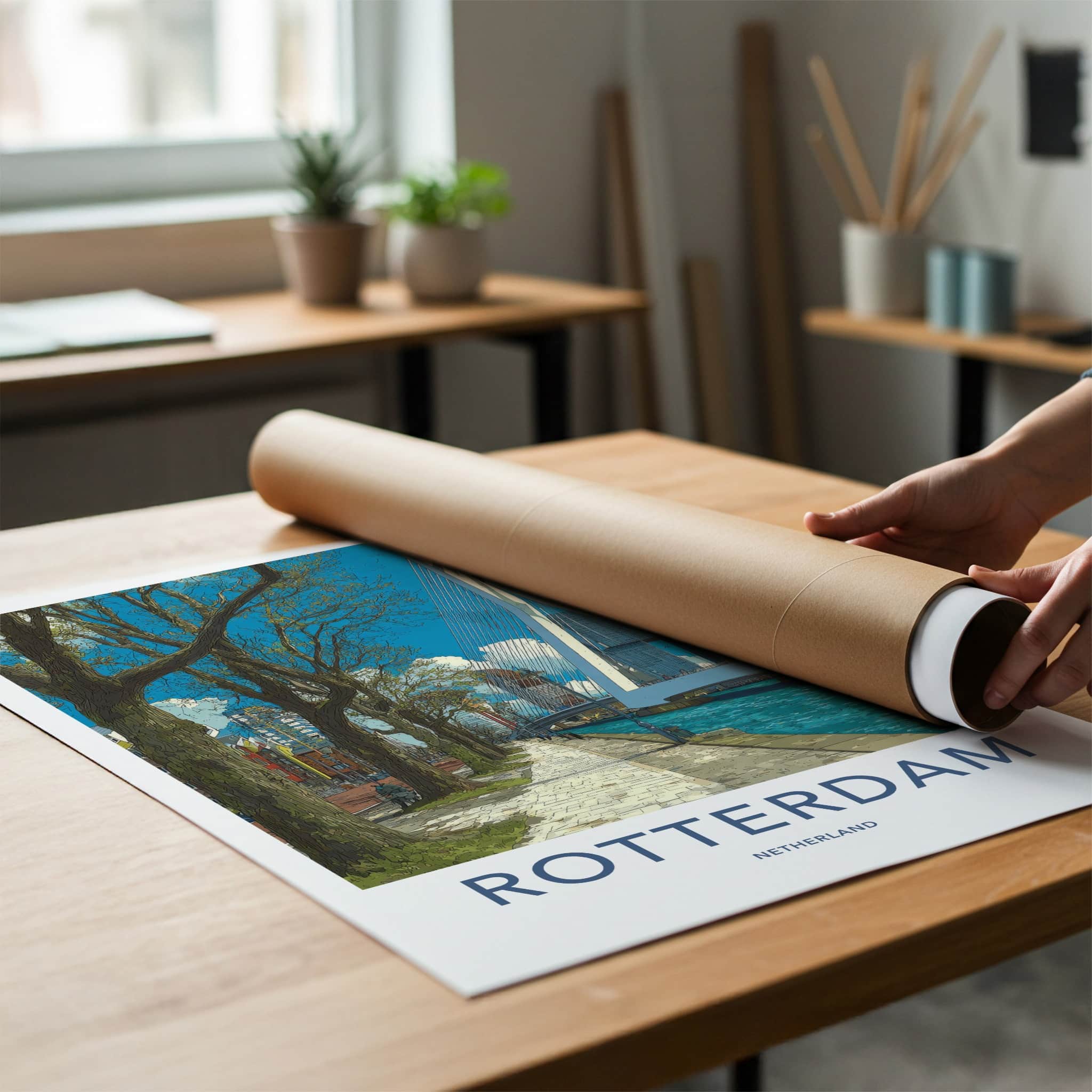 Rotterdam Poster - Netherlands Travel Art - Erasmus Bridge River Home Decor