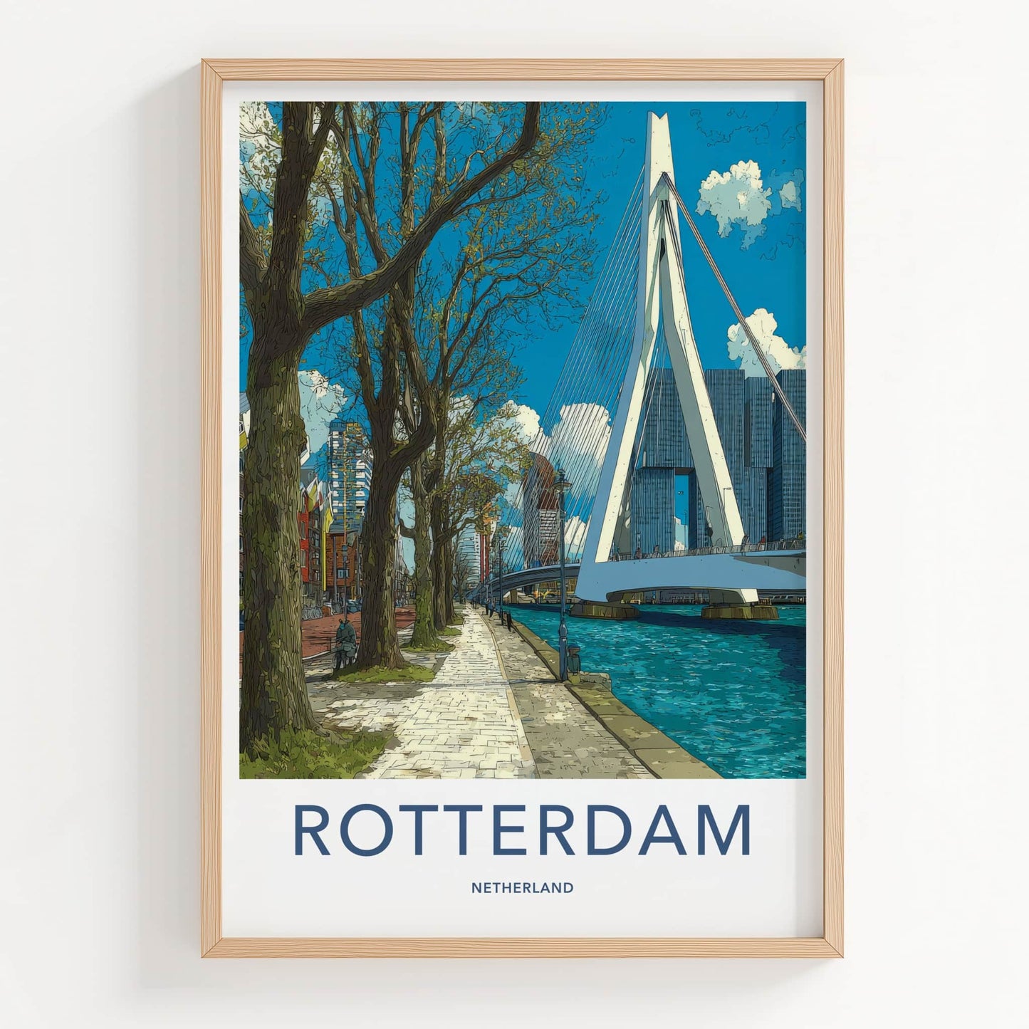 Rotterdam Poster - Netherlands Travel Art - Erasmus Bridge River Home Decor
