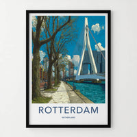 Rotterdam Poster - Netherlands Travel Art - Erasmus Bridge River Home Decor