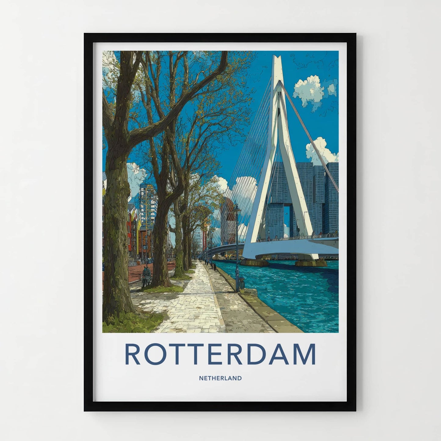 Rotterdam Poster - Netherlands Travel Art - Erasmus Bridge River Home Decor