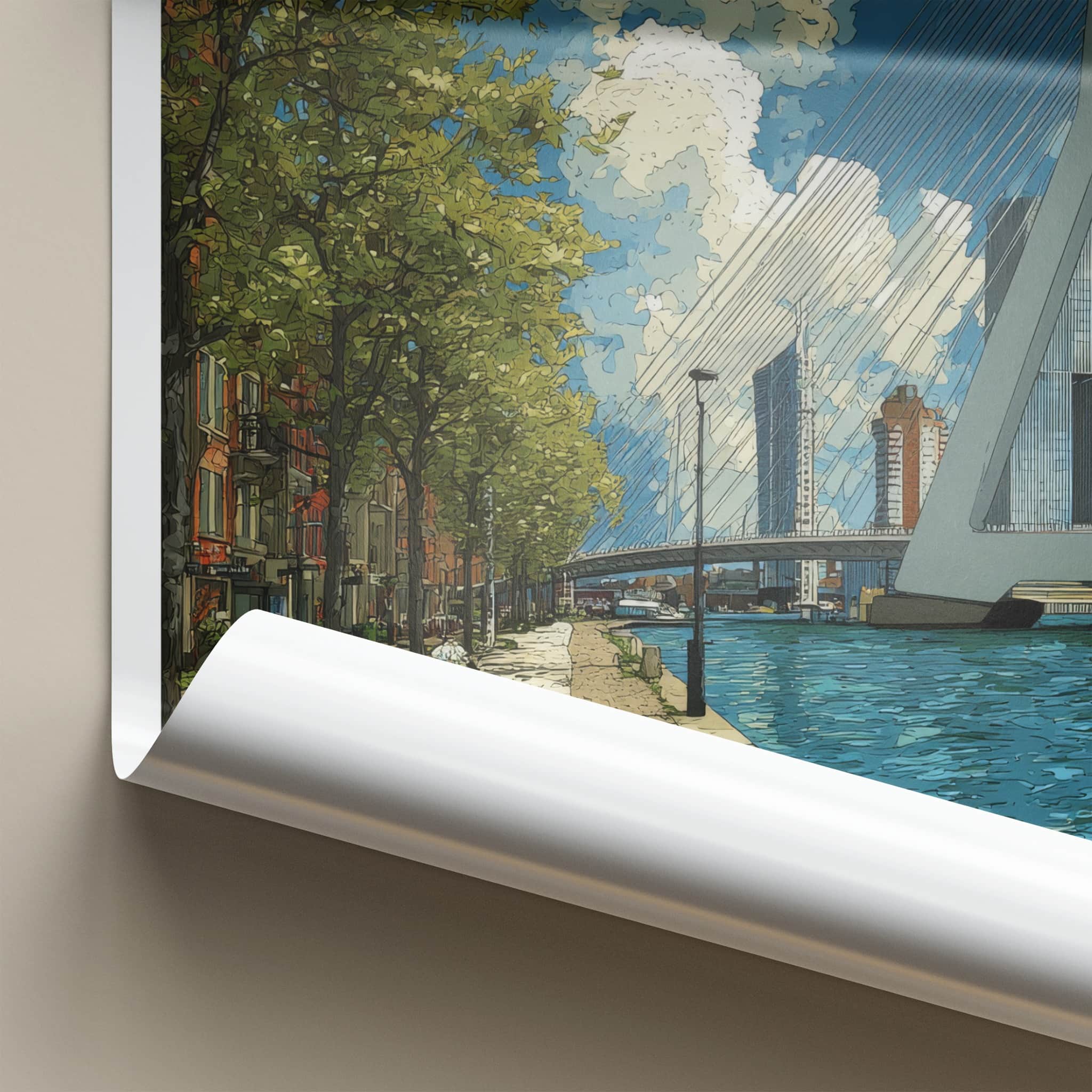 Rotterdam Poster - Netherlands Travel Art - Erasmus Bridge Waterside Home Decor