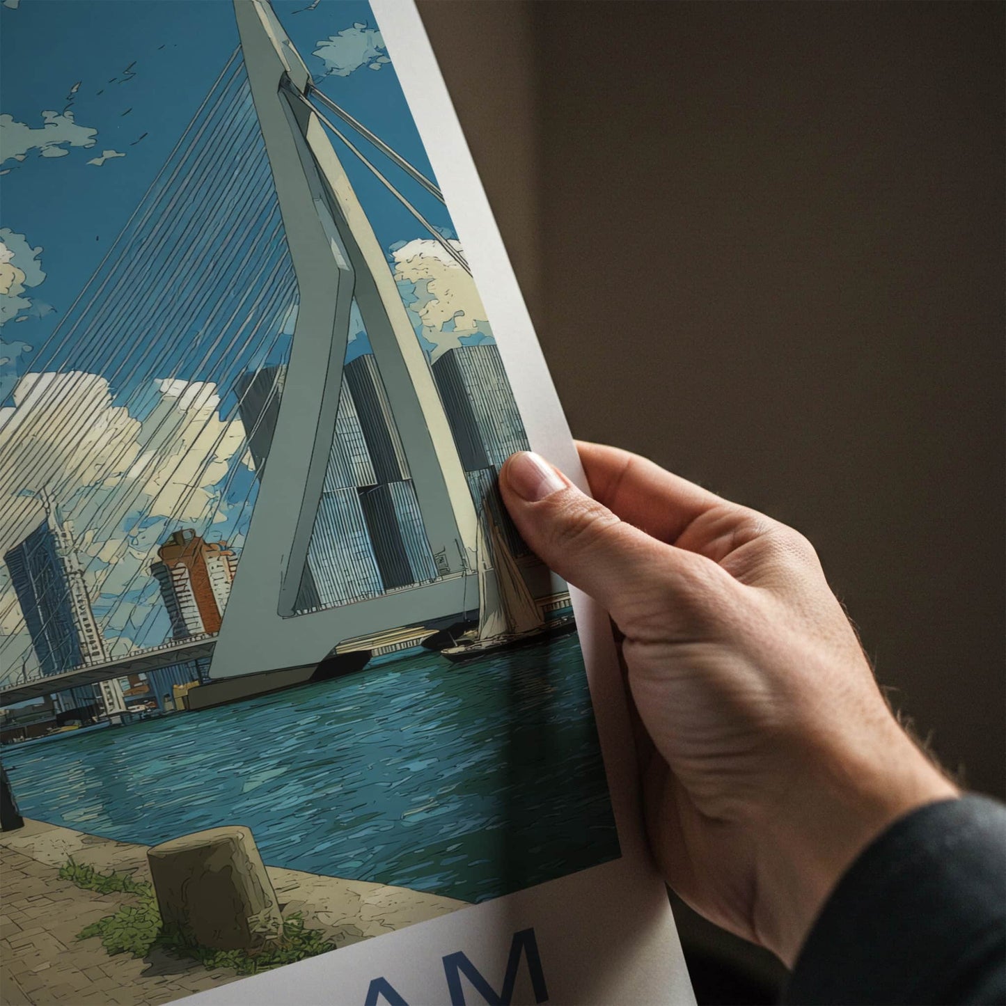 Rotterdam Poster - Netherlands Travel Art - Erasmus Bridge Waterside Home Decor