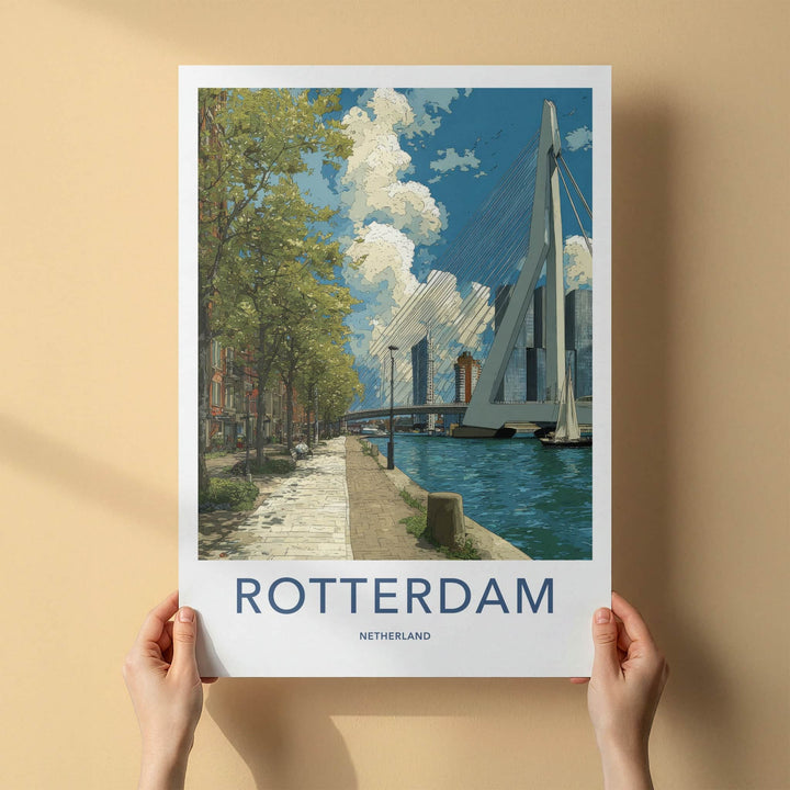 Rotterdam Poster - Netherlands Travel Art - Erasmus Bridge Waterside Home Decor