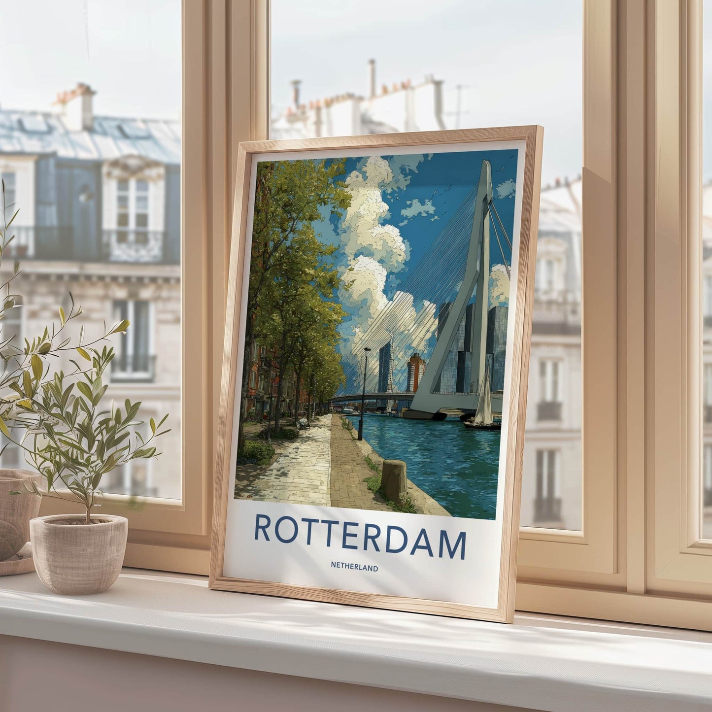 Rotterdam Poster - Netherlands Travel Art - Erasmus Bridge Waterside Home Decor