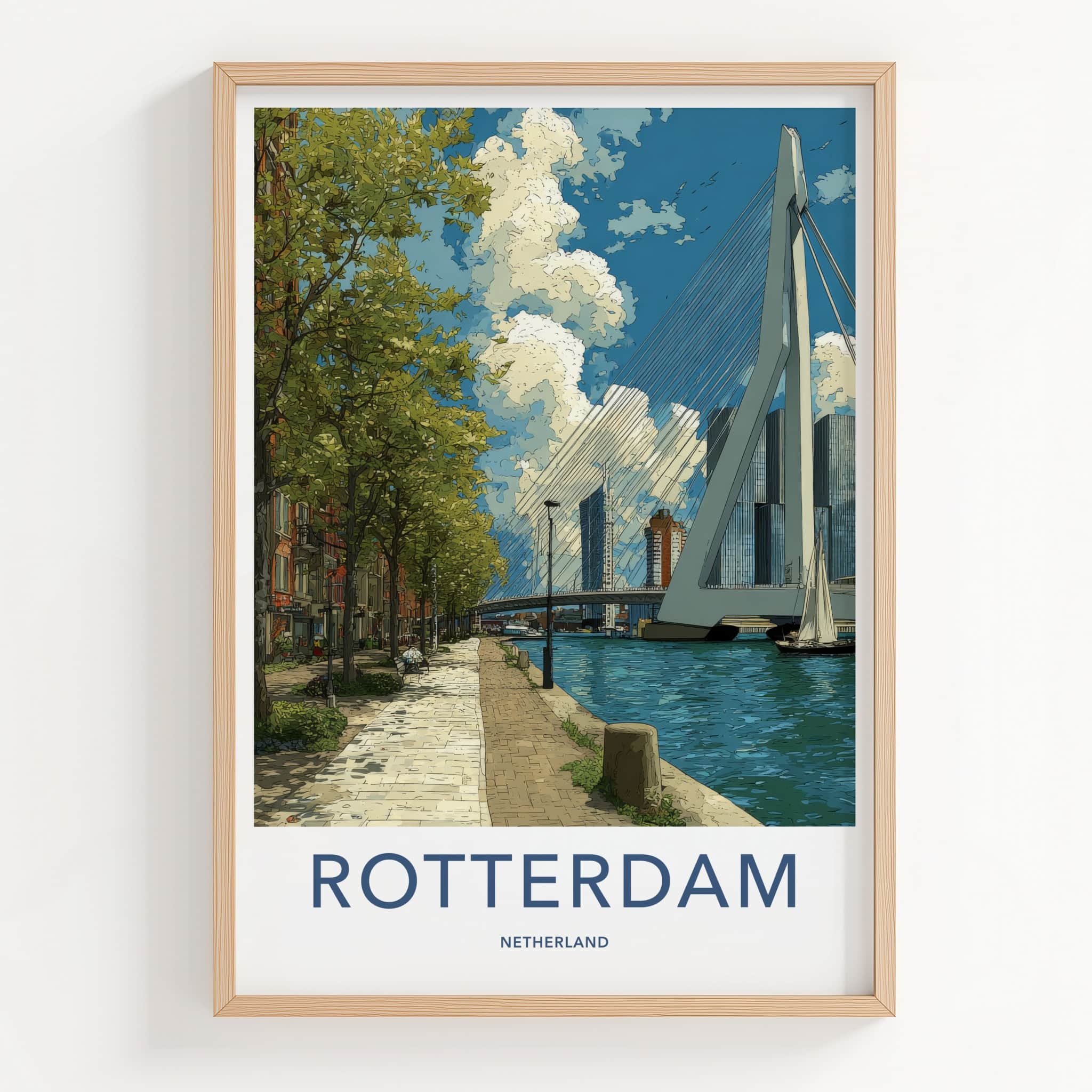 Rotterdam Poster - Netherlands Travel Art - Erasmus Bridge Waterside Home Decor