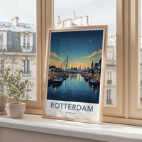 Rotterdam Poster - Netherlands Travel Art - Illuminated City Bridge Home Decor