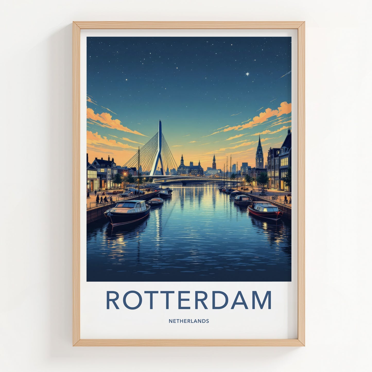 Rotterdam Poster - Netherlands Travel Art - Illuminated City Bridge Home Decor