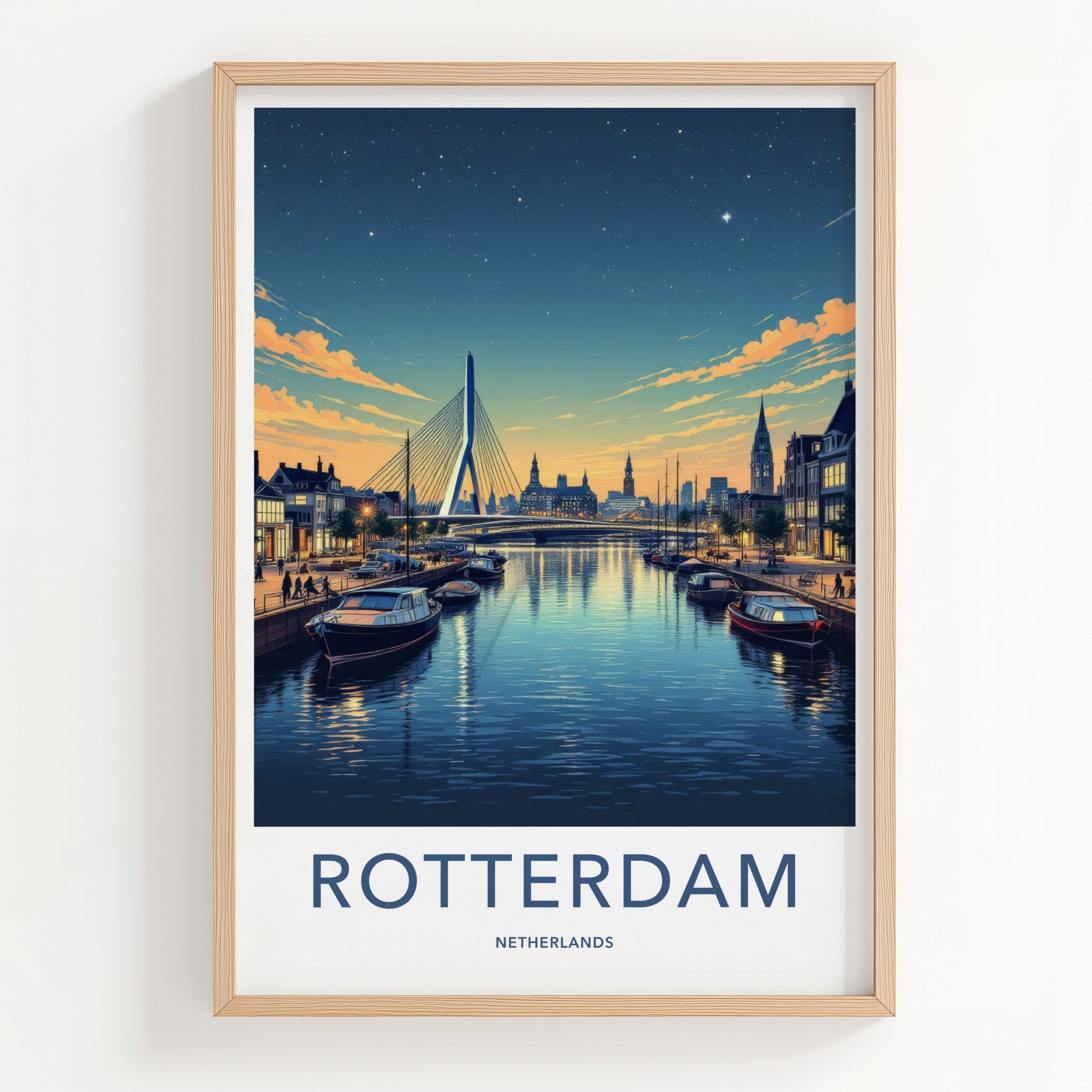 Rotterdam Poster - Netherlands Travel Art - Illuminated City Bridge Home Decor