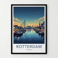 Rotterdam Poster - Netherlands Travel Art - Illuminated City Bridge Home Decor