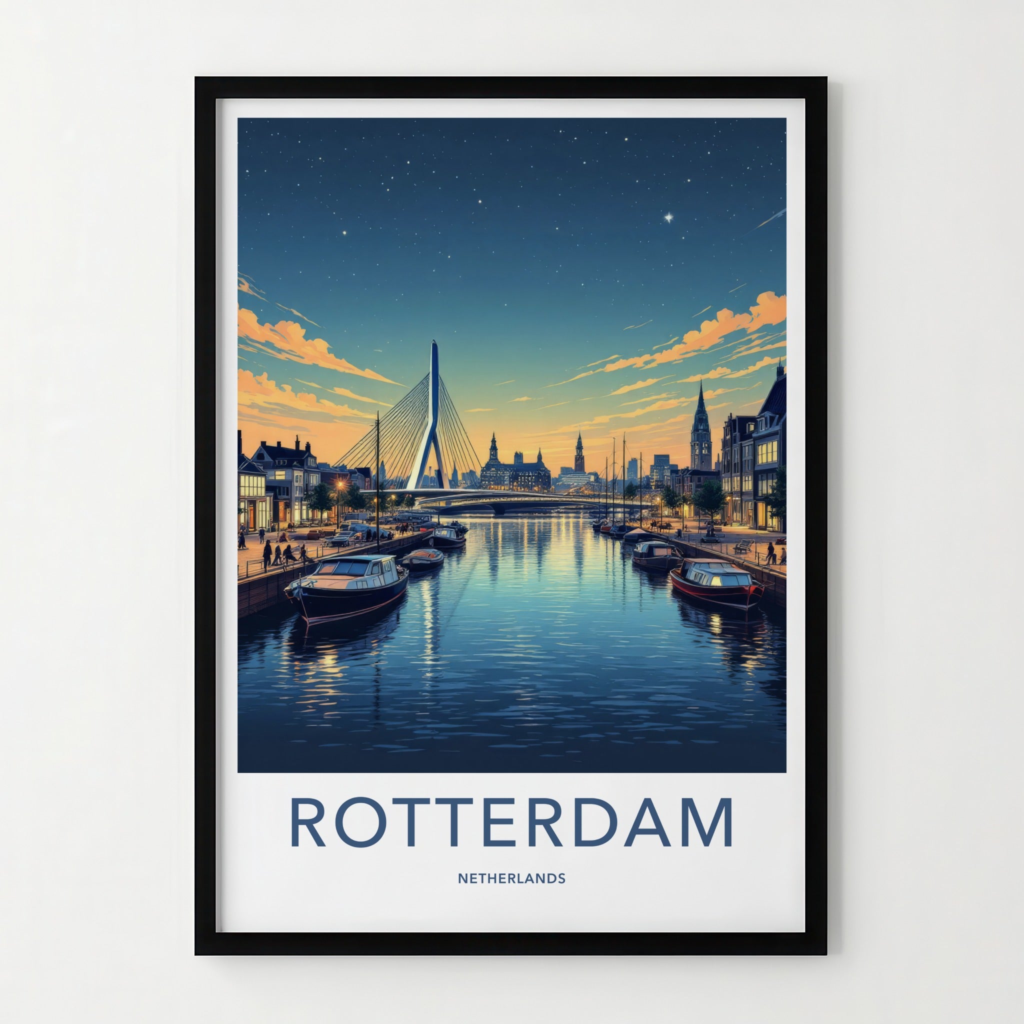 Rotterdam Poster - Netherlands Travel Art - Illuminated City Bridge Home Decor