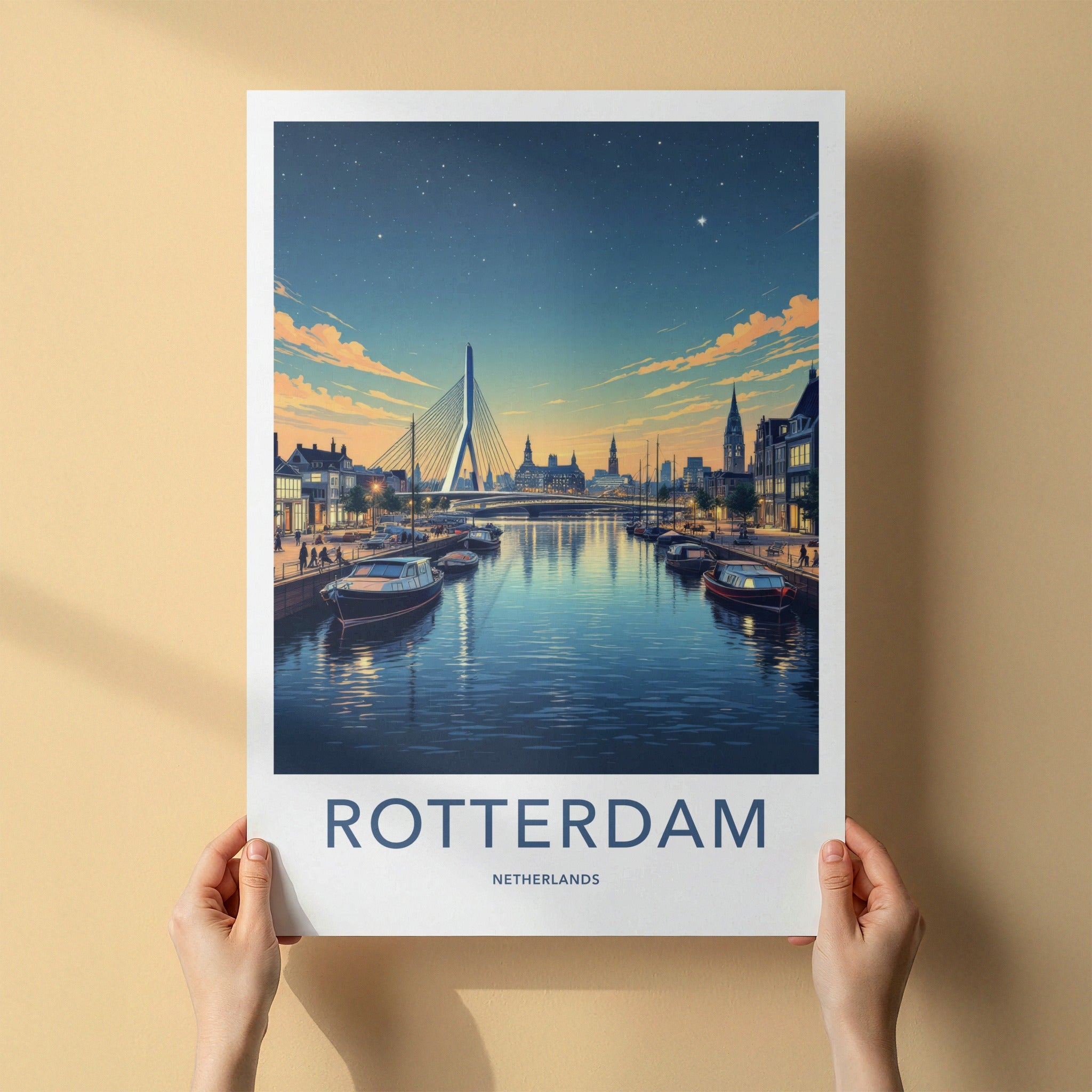 Rotterdam Poster - Netherlands Travel Art - Illuminated City Bridge Home Decor