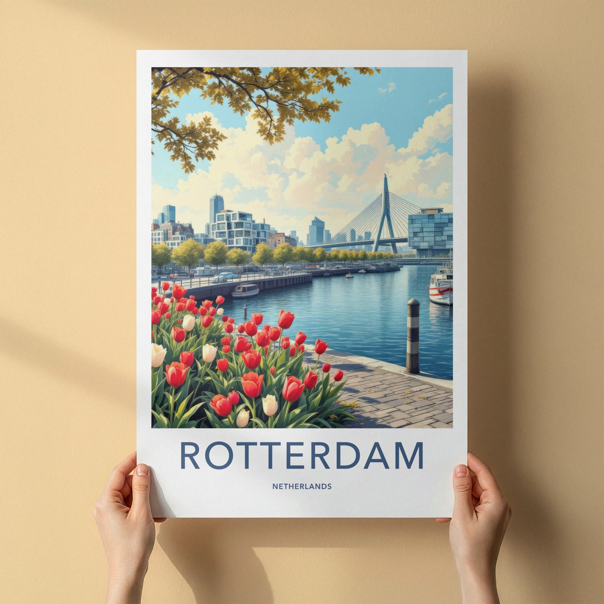 Rotterdam Poster - Netherlands Travel Art - Modern City Tulips Wall Decor
