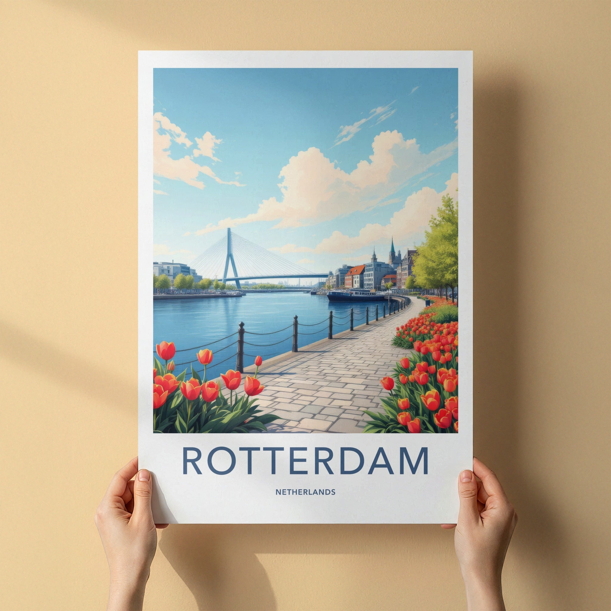 Rotterdam Poster - Netherlands Travel Print - River Bridge Tulips Home Decor