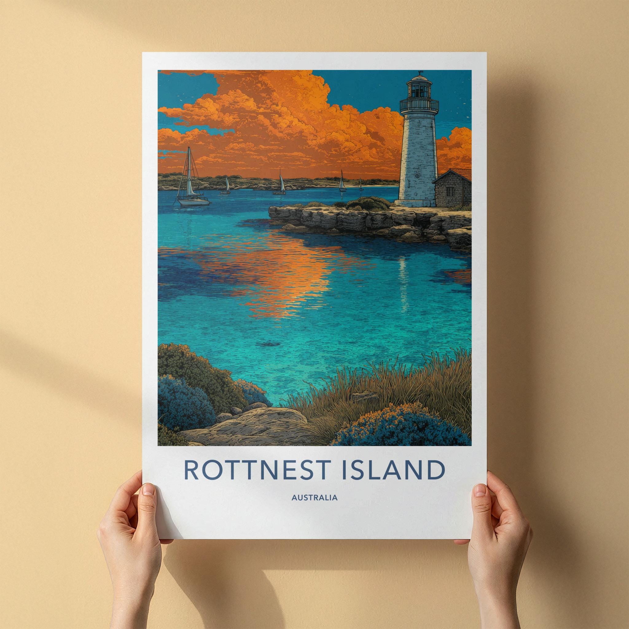 Rottnest Island Poster - Australia Travel Art - Orange Sky Lighthouse Home Decor