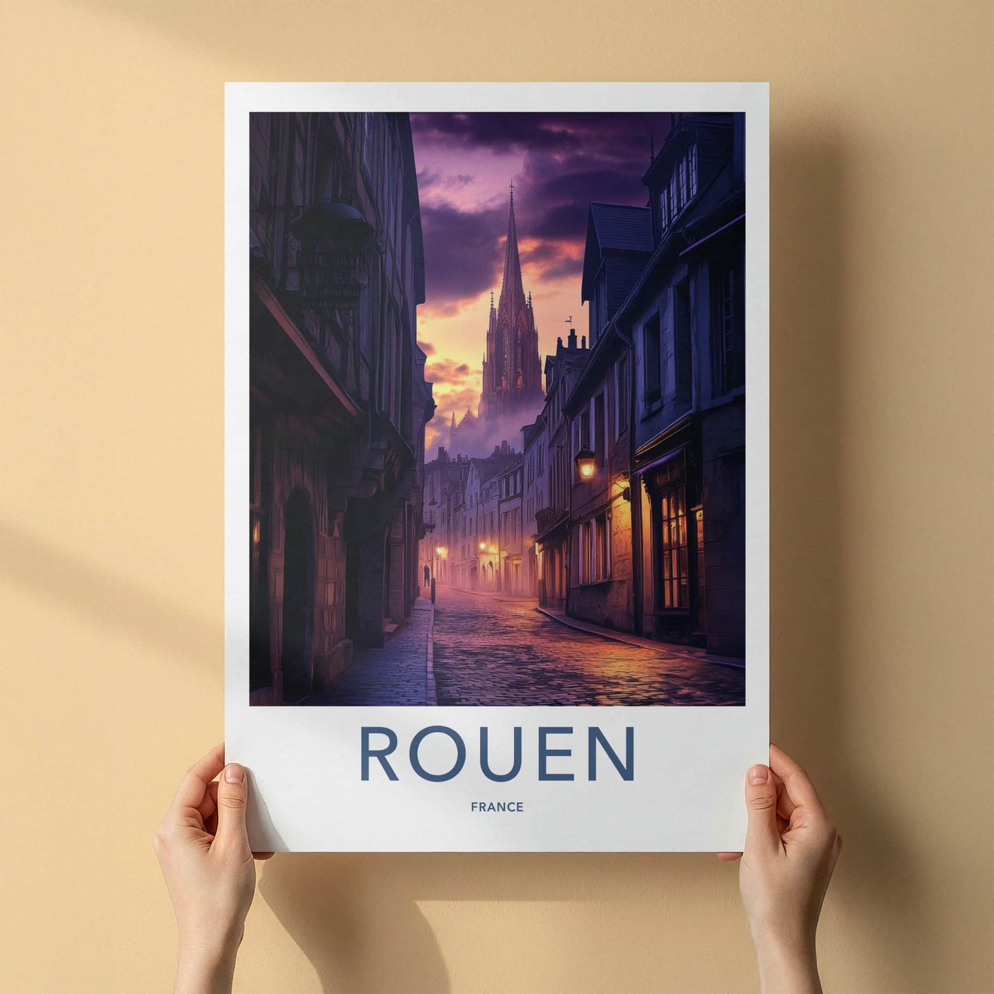 Rouen Poster - France Travel Art - Twilight Cathedral Street Home Decor
