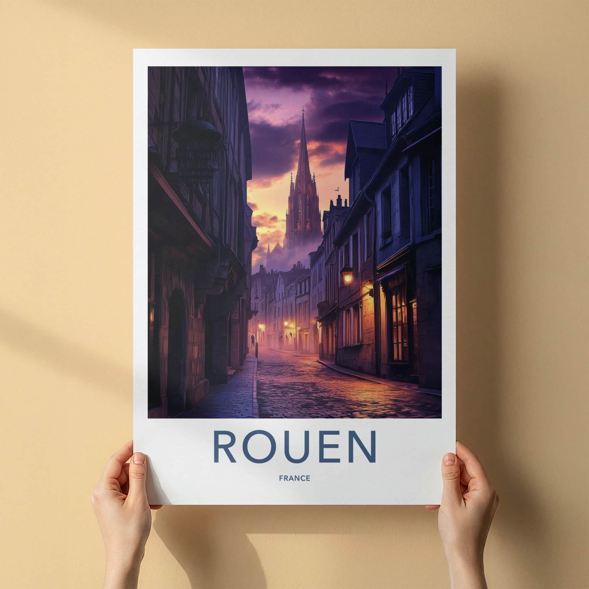 Rouen Poster - France Travel Art - Twilight Cathedral Street Home Decor