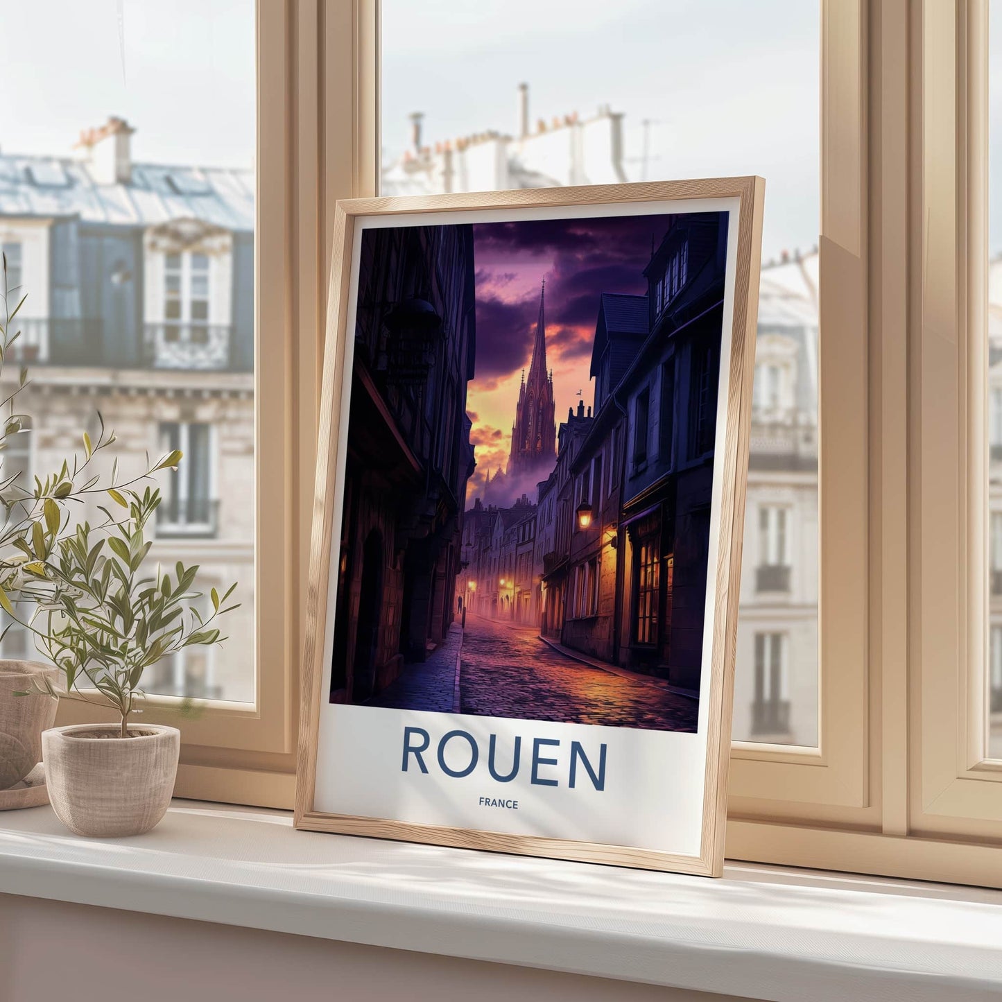 Rouen Poster - France Travel Art - Twilight Cathedral Street Home Decor