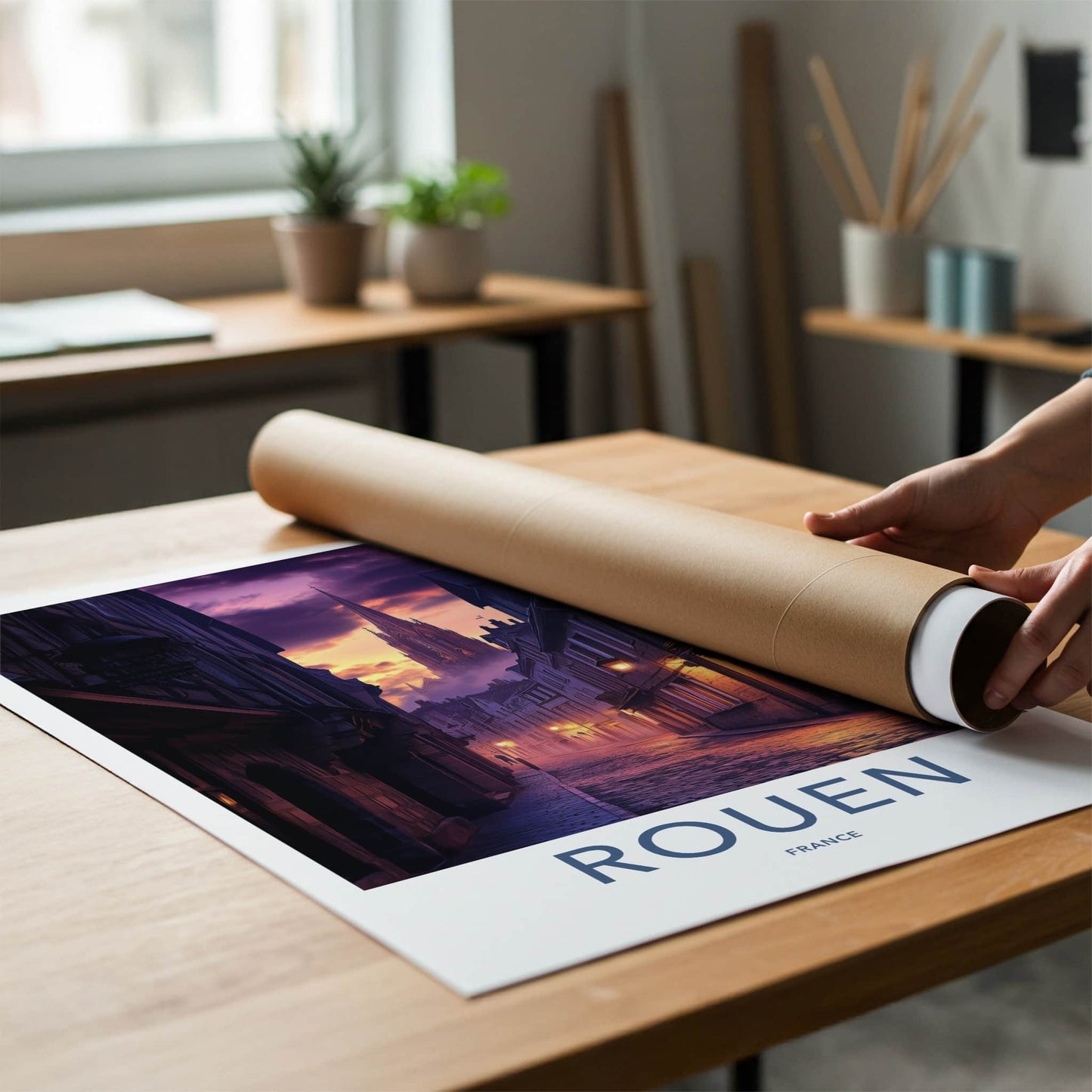 Rouen Poster - France Travel Art - Twilight Cathedral Street Home Decor