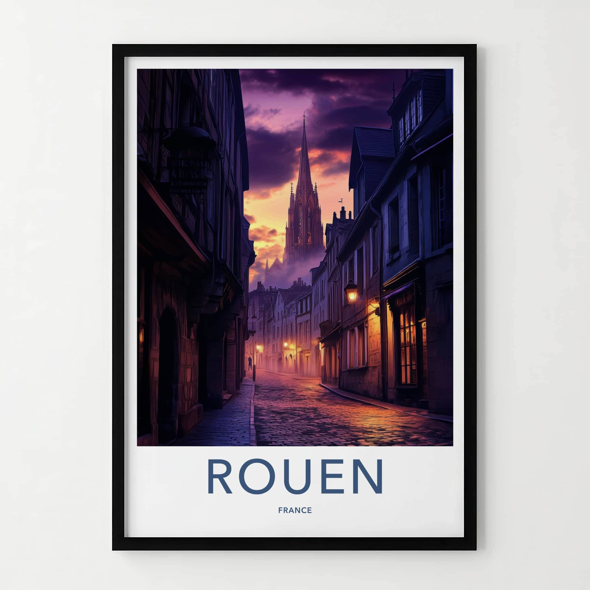 Rouen Poster - France Travel Art - Twilight Cathedral Street Home Decor